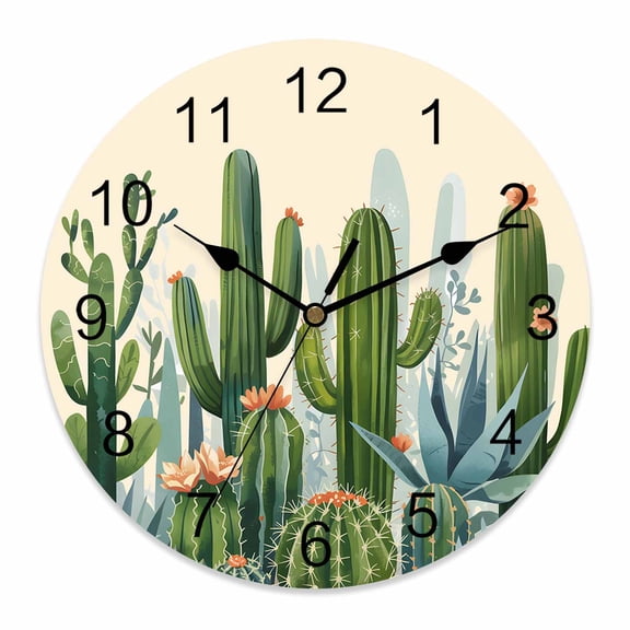 Wall Clock Cactus Clocks PVC Silent Non-Ticking Battery Operated Decorative Summer Tropical Plants Floral Round Clock for Home Living Room Kitchen Bedroom Office School Wall Decor 10 Inch