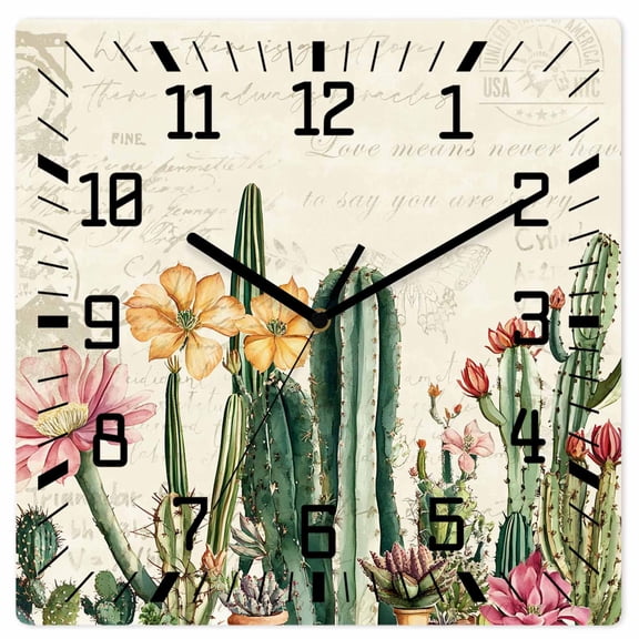 Wall Clock Cactus Operated Square Clocks Wooden Silent Non-Ticking Wallclock 12 Inch Vintage Flower Tropical Plant Wood Wall Clock for Living Room Bedroom Office Shool Home Decor