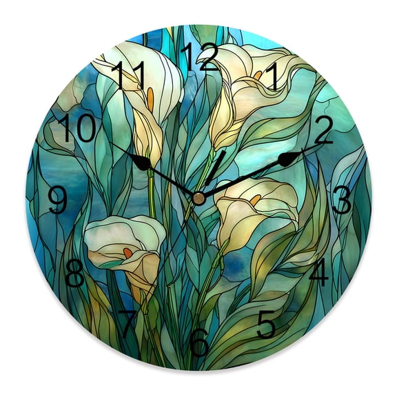 Wall Clock Calla Lily Flower Clocks PVC Silent Non-Ticking Battery Operated Decorative Teal Blue Stained Glass Round Clock for Home Living Room Kitchen Bedroom Office School Wall Decor 10 Inch