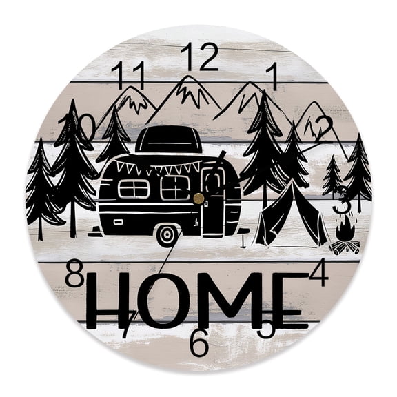 Wall Clock Camper Forest Clocks PVC Silent Non-Ticking Battery Operated Decorative Pine Trees Mountain Wood Grain Home Round Clock for Home Living Room Kitchen Bedroom Office Wall Decor 10 Inch