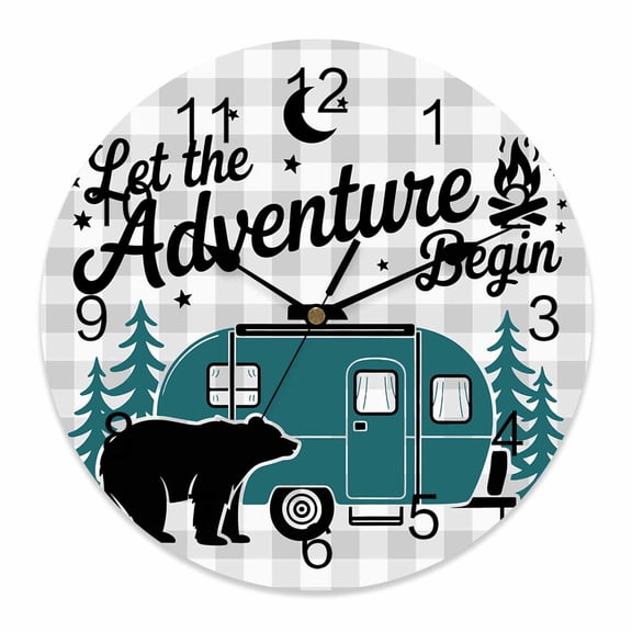 Wall Clock Camper Van Bear Clocks PVC Silent Non-Ticking Battery Operated Decorative Let The Adventure Begin Moon Plaid Round Clock for Home Living Room Kitchen Bedroom Office Wall Decor 10 Inch