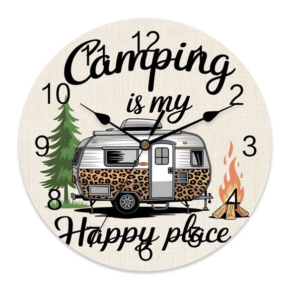 Wall Clock Camping Is My Happy Place Clocks PVC Silent Non-Ticking Battery Operated Decorative Camper Van Tree Flame Round Clock for Home Living Room Kitchen Bedroom Office School Wall Decor 10 Inch