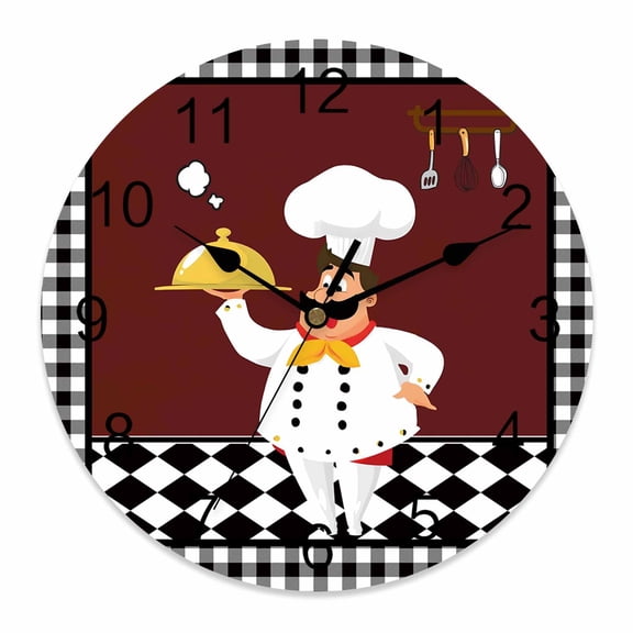 Wall Clock Cartoon Chef Clocks PVC Silent Non-Ticking Battery Operated Decorative Kitchen Gourmet Black Plaid Round Clock for Home Living Room Kitchen Bedroom Office School Wall Decor 10 Inch