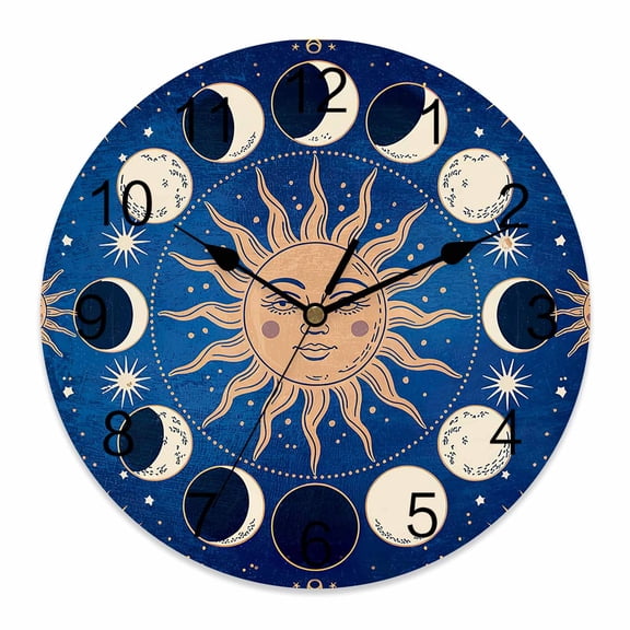 Wall Clock Celestial Sun and Moon Clocks PVC Silent Non-Ticking Battery Operated Decorative Blue Starry Galaxy Boho Round Clock for Home Living Room Kitchen Bedroom Office School Wall Decor 10 Inch