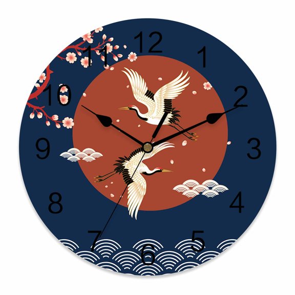 Wall Clock Cherry Blossom Crane Clocks PVC Silent Non-Ticking Battery Operated Decorative Japanese Blue Cloud Waves Round Clock for Home Living Room Kitchen Bedroom Office School Wall Decor 10 Inch