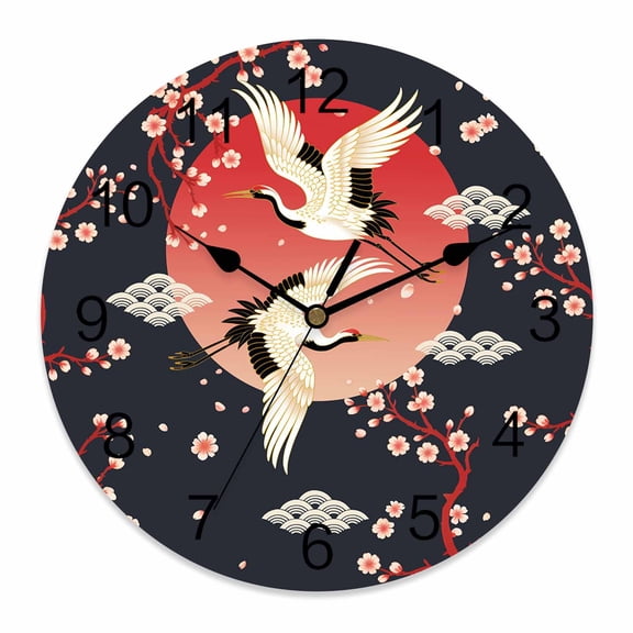 Wall Clock Cherry Blossom Crane Clocks PVC Silent Non-Ticking Battery Operated Decorative Japanese Style Cloud Black Round Clock for Home Living Room Kitchen Bedroom Office School Wall Decor 10 Inch
