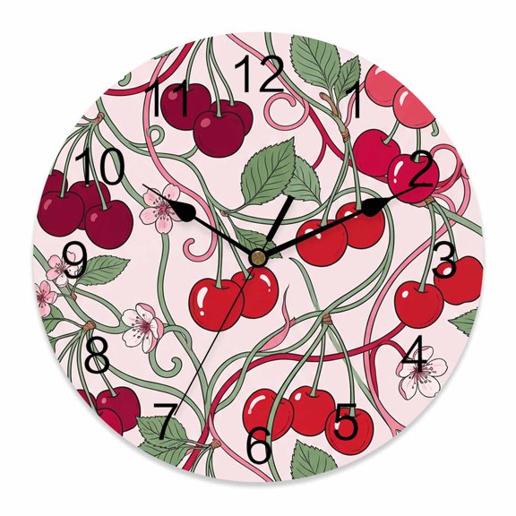 Wall Clock Cherry Clocks PVC Silent Non-Ticking Battery Operated Decorative Red Fruit Twining Vines Flower Round Clock for Home Living Room Kitchen Bedroom Office School Wall Decor 10 Inch