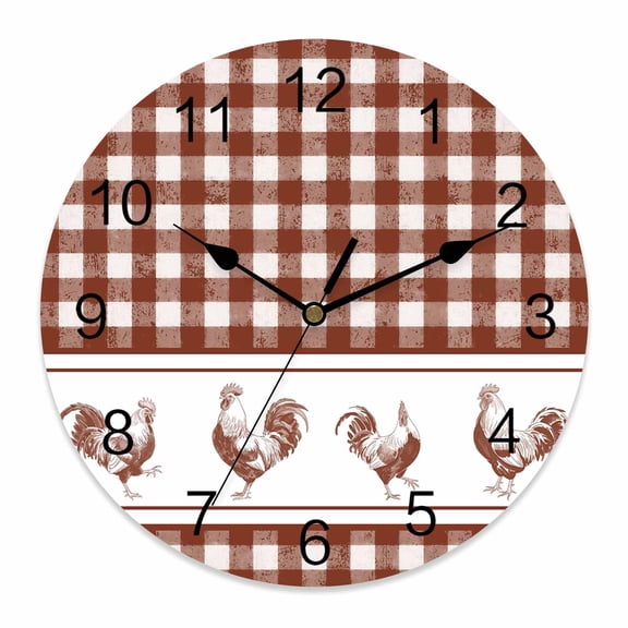 Wall Clock Chicken Cock Rooster Clocks PVC Silent Non-Ticking Battery Operated Farmhouse Animal Red Buffalo Plaid Round Clock for Home Living Room Kitchen Bedroom Office School Wall Decor 10 Inch