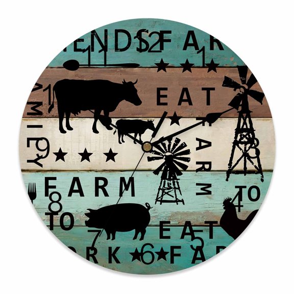 Wall Clock Chicken Cow Pig Clocks PVC Silent Non-Ticking Battery Operated Farmhouse Animal Windmills Teal Wood Round Clock for Home Living Room Kitchen Bedroom Office School Wall Decor 10 Inch