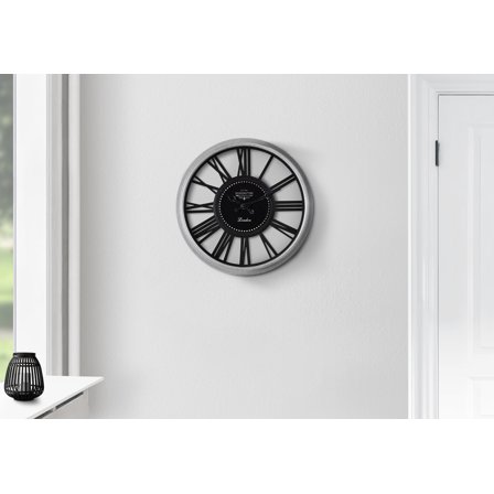 Wall Clock Clocks, 16" Round, Wall Clock, Silver, Black, Transitional,Alarm Clock
