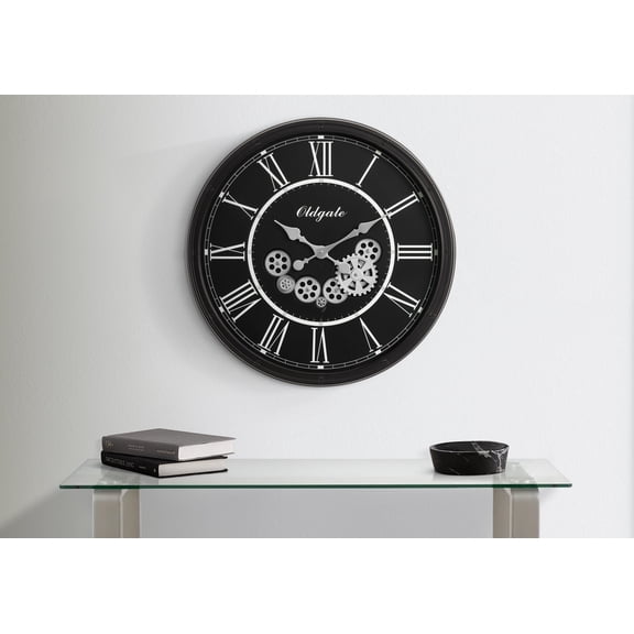 Wall Clock Clocks, 30" Round, Gear Mechanism, Large Oversized, Wall Clock, Black, Transitional,Modern Wall Clock