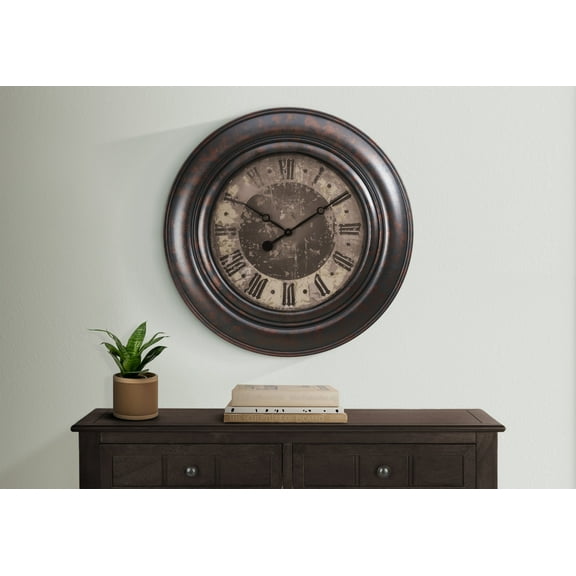 Wall Clock Clocks, 30" Round, Large Oversized, Wall Clock, Brown, Transitional,Alarm Clock