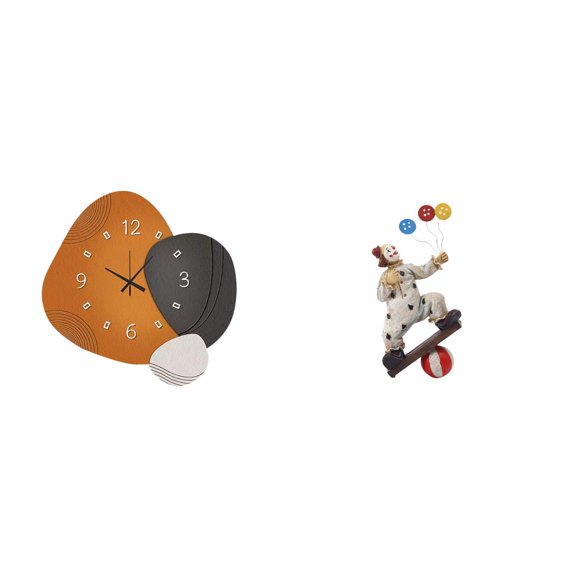 Wall Clock Clown Figurine Tabletop Ornament Wood Material for Bedroom Living Room Office Decoration