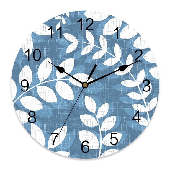 Wall Clock Coastal Blue Leaf Branches Clocks PVC Silent Non-Ticking Battery Operated Decorative Linen Leaves Plant Round Clock for Home Living Room Kitchen Bedroom Office School Wall Decor 10 Inch