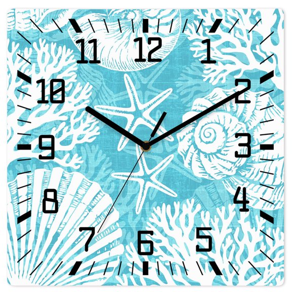 Wall Clock Coastal Conch Operated Square Clocks Wooden Silent Non-Ticking Wallclock 10 Inch Teal Shell Coral Starfish Wood Wall Clock for Living Room Bedroom Office Shool Home Decor
