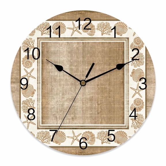 Wall Clock Coastal Marine Life Clocks PVC Silent Non-Ticking Battery Operated Starfish Coral Conch Brown Frame Round Clock for Home Living Room Kitchen Bedroom Office School Wall Decor 12 Inch