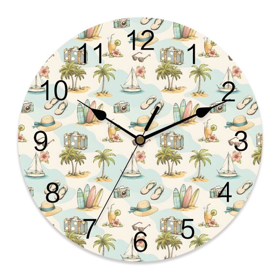 Wall Clock Coastal Palm Tree Clocks PVC Silent Non-Ticking Battery Operated Summer Beach Sailboat Surfboard Round Clock for Home Living Room Kitchen Bedroom Office School Wall Decor 14 Inch