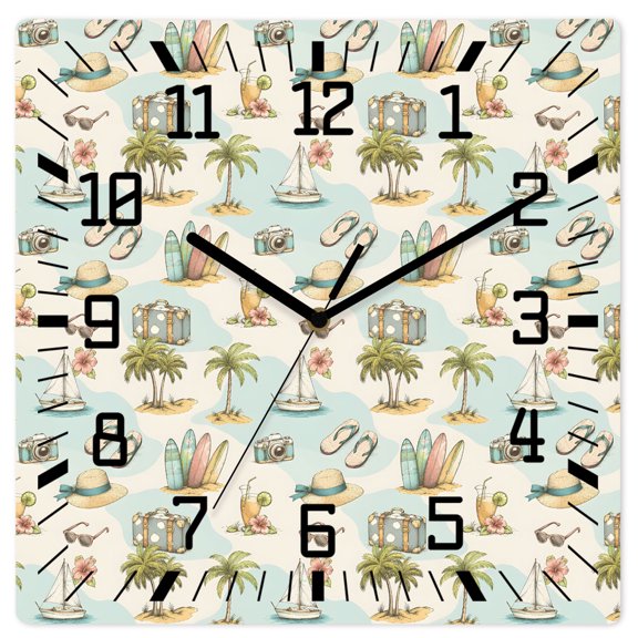 Wall Clock Coastal Palm Tree Operated Square Clocks Wooden Silent Non-Ticking Wallclock 12 Inch Summer Beach Sailboat Surfboard Wood Wall Clock for Living Room Bedroom Office Shool Home Decor
