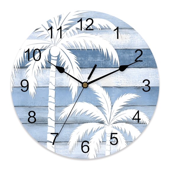 Wall Clock Coastal Palm Trees Clocks PVC Silent Non-Ticking Battery Operated Decorative Beach Blue Wood Grain Round Clock for Home Living Room Kitchen Bedroom Office School Wall Decor 14 Inch