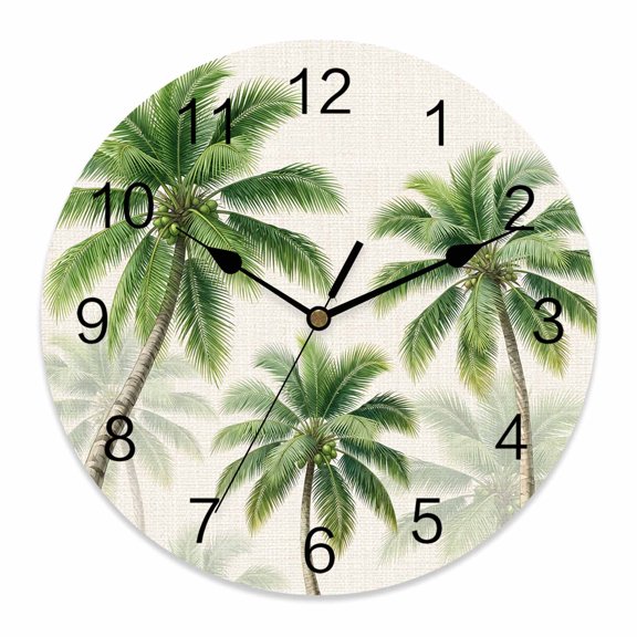 Wall Clock Coastal Palm Trees Clocks PVC Silent Non-Ticking Battery Operated Decorative Tropical Coconut Leaves Round Clock for Home Living Room Kitchen Bedroom Office School Wall Decor 10 Inch