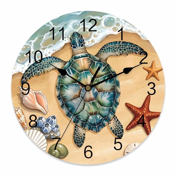 Wall Clock Coastal Sea Turtle Clocks PVC Silent Non-Ticking Battery Operated Decorative Starfish Shell Sandy Beach Round Clock for Home Living Room Kitchen Bedroom Office School Wall Decor 12 Inch
