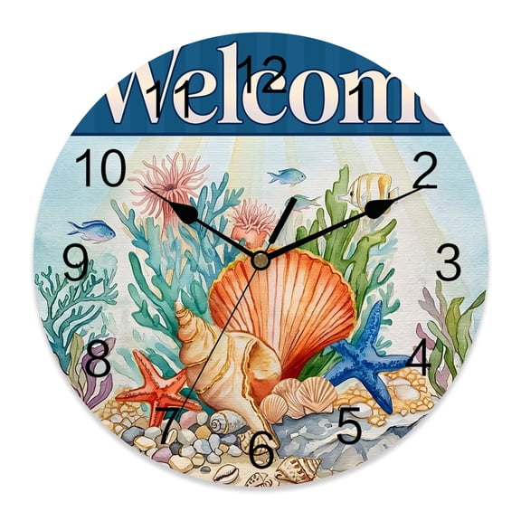 Wall Clock Coastal Shell Starfish Clocks PVC Silent Non-Ticking Battery Operated Decorative Coral Fish Blue Welcome Round Clock for Home Living Room Kitchen Bedroom Office School Wall Decor 10 Inch