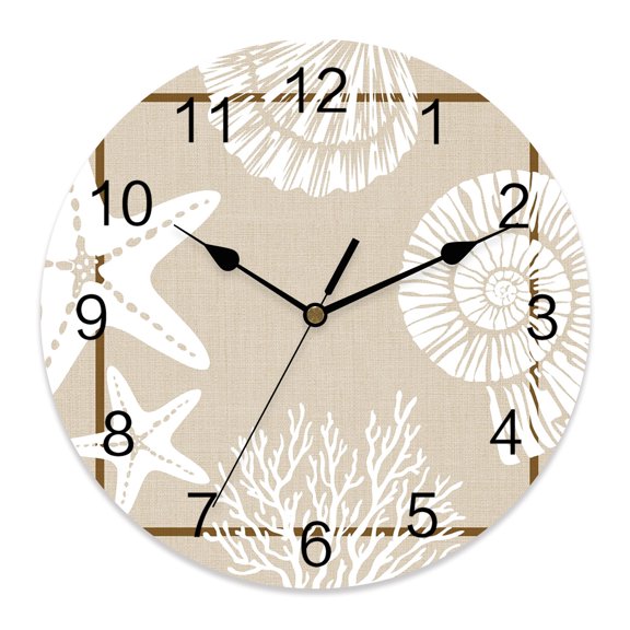Wall Clock Coastal Starfish Clocks PVC Silent Non-Ticking Battery Operated Decorative Ocean Coral Conch Shell Round Clock for Home Living Room Kitchen Bedroom Office School Wall Decor 10 Inch