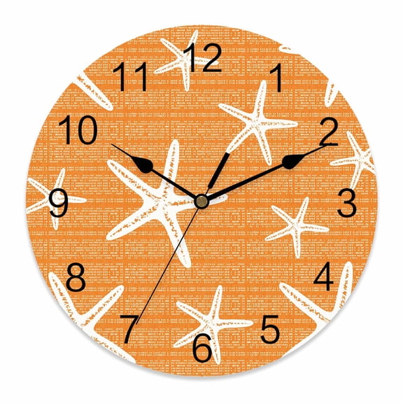 Wall Clock Coastal Starfish Clocks PVC Silent Non-Ticking Battery Operated Decorative Orange Ocean Marine Life Round Clock for Home Living Room Kitchen Bedroom Office School Wall Decor 10 Inch