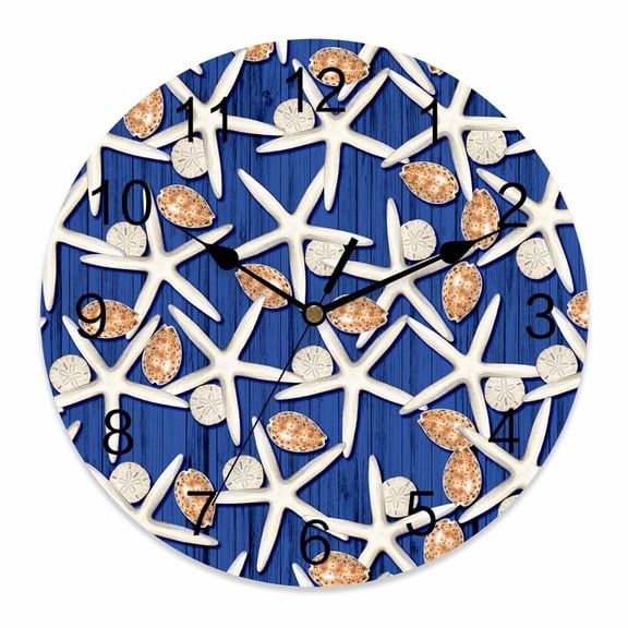 Wall Clock Coastal Starfish Shell Clocks PVC Silent Non-Ticking Battery Operated Decorative Ocean Navy Wood Grain Round Clock for Home Living Room Kitchen Bedroom Office School Wall Decor 12 Inch