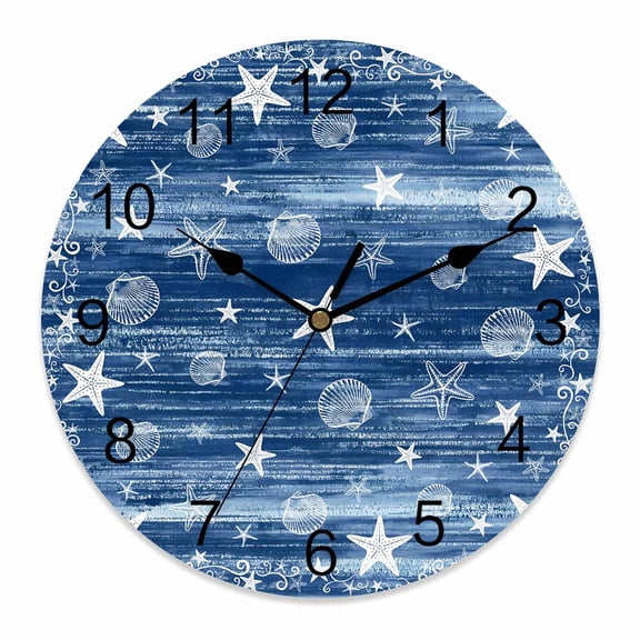 Wall Clock Coastal Starfish Shell Clocks PVC Silent Non-Ticking Battery Operated Navy Blue Star Rustic Stripes Grain Round Clock for Home Living Room Kitchen Bedroom Office School Wall Decor 10 Inch