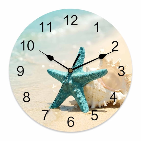 Wall Clock Coastal Starfish Shells Clocks PVC Silent Non-Ticking Battery Operated Decorative Summer Beach Round Clock for Home Living Room Kitchen Bedroom Office School Wall Decor 10 Inch