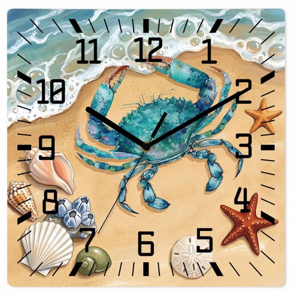 Wall Clock Coastal Teal Crab Operated Square Clocks Wooden Silent Non-Ticking Wallclock 12 Inch Starfish Shell Sandy Beach Wood Wall Clock for Living Room Bedroom Office Shool Home Decor