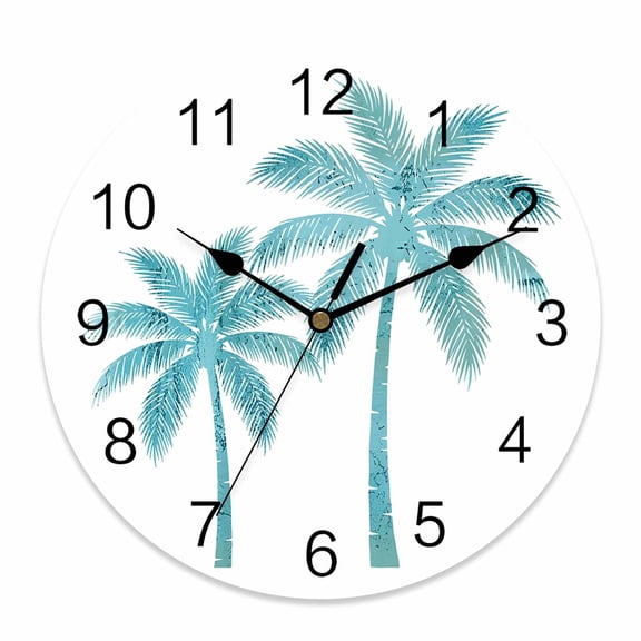 Wall Clock Coconut Palm Tree Clocks PVC Silent Non-Ticking Battery Operated Turquoise Tropical Summer Beach Round Clock for Home Living Room Kitchen Bedroom Office School Wall Decor 12 Inch
