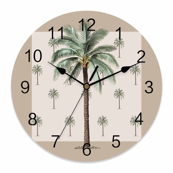 Wall Clock Coconut Palm Trees Clocks PVC Silent Non-Ticking Battery Operated Decorative Summer Tropical Plants Round Clock for Home Living Room Kitchen Bedroom Office School Wall Decor 10 Inch