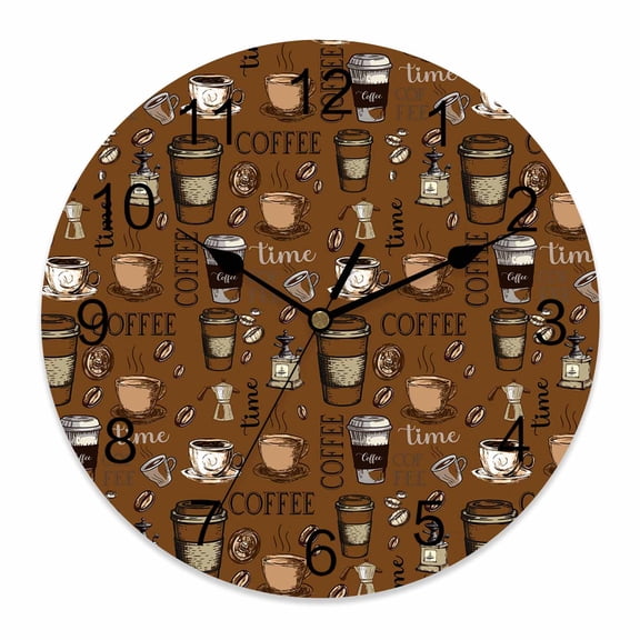 Wall Clock Coffee Beans Clocks PVC Silent Non-Ticking Battery Operated Decorative Brown Coffee Cups Round Clock for Home Living Room Kitchen Bedroom Office School Wall Decor 10 Inch