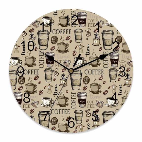 Wall Clock Coffee Beans Clocks PVC Silent Non-Ticking Battery Operated Decorative Khaki Coffee Cups Round Clock for Home Living Room Kitchen Bedroom Office School Wall Decor 10 Inch