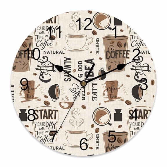 Wall Clock Coffee Cup Clocks PVC Silent Non-Ticking Battery Operated Decorative Coffee Beans Day Round Clock for Home Living Room Kitchen Bedroom Office School Wall Decor 10 Inch