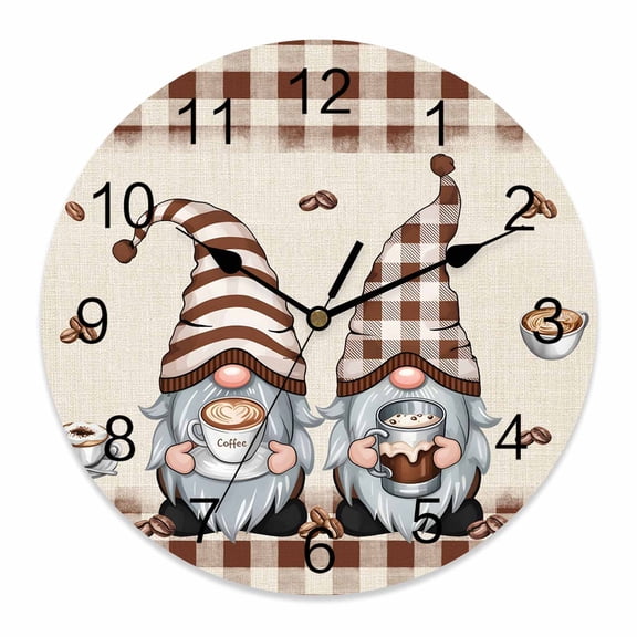 Wall Clock Coffee Cup Gnome Clocks PVC Silent Non-Ticking Battery Operated Decorative Coffee Beans Brown Plaid Round Clock for Home Living Room Kitchen Bedroom Office School Wall Decor 10 Inch