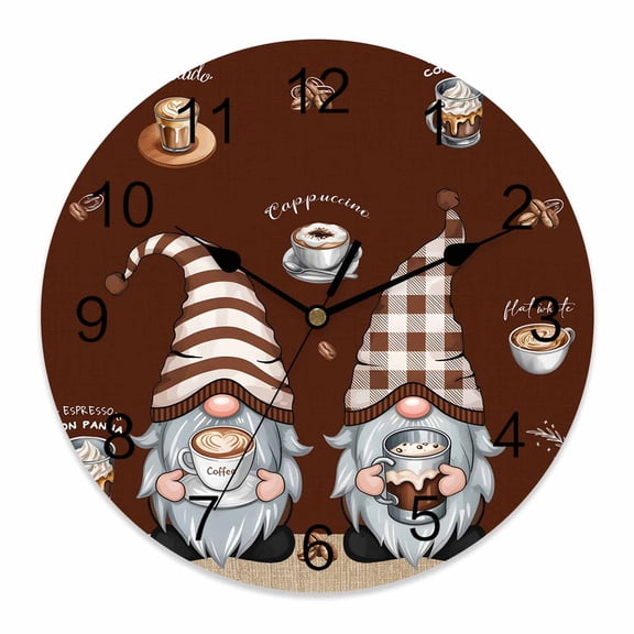 Wall Clock Coffee Cup Gnome Clocks PVC Silent Non-Ticking Battery Operated Decorative Coffee Beans Brown Round Clock for Home Living Room Kitchen Bedroom Office School Wall Decor 10 Inch