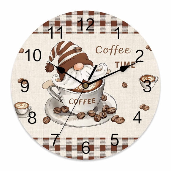 Wall Clock Coffee Time Gnome Clocks PVC Silent Non-Ticking Battery Operated Decorative Coffee Beans Brown Plaid Round Clock for Home Living Room Kitchen Bedroom Office School Wall Decor 10 Inch