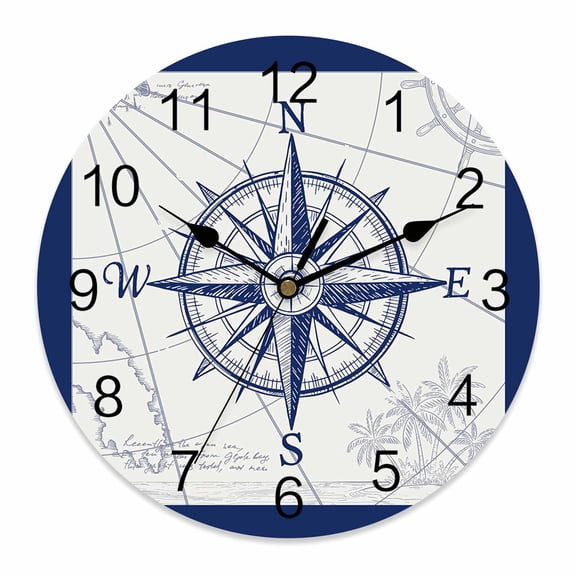 Wall Clock Compass Clocks PVC Silent Non-Ticking Battery Operated Decorative Blue Ocean Navigation Map Round Clock for Home Living Room Kitchen Bedroom Office School Wall Decor 10 Inch