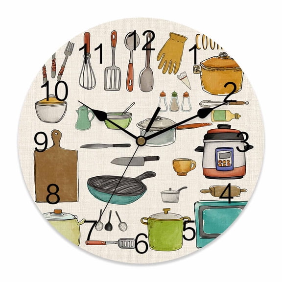 Wall Clock Cooking Kitchenware Clocks PVC Silent Non-Ticking Battery Operated Decorative Kitchen Tool Pattern Round Clock for Home Living Room Kitchen Bedroom Office School Wall Decor 10 Inch