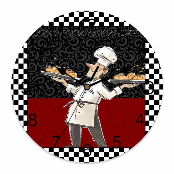 Wall Clock Cooks Kitchens Clocks PVC Silent Non-Ticking Battery Operated Decorative Chef Red Black Buffalo Plaid Round Clock for Home Living Room Kitchen Bedroom Office School Wall Decor 10 Inch