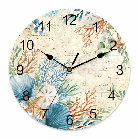 Wall Clock Coral Seagrass Clocks PVC Silent Non-Ticking Battery Operated Eucalyptus Leaves Starfish Shell Linen Round Clock for Home Living Room Kitchen Bedroom Office School Wall Decor 10 Inch