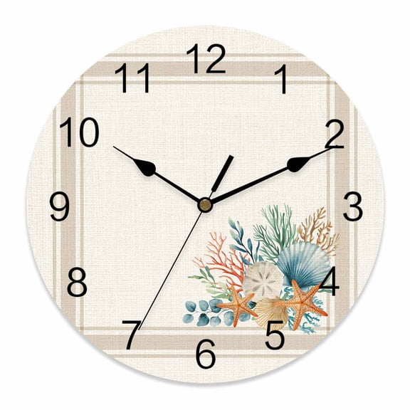 Wall Clock Coral Seagrass Clocks PVC Silent Non-Ticking Battery Operated Eucalyptus Starfish Shell Stripes Linen Round Clock for Home Living Room Kitchen Bedroom Office School Wall Decor 10 Inch
