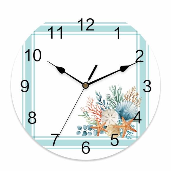Wall Clock Coral Seagrass Clocks PVC Silent Non-Ticking Battery Operated Eucalyptus Starfish Shell Teal Stripes Round Clock for Home Living Room Kitchen Bedroom Office School Wall Decor 10 Inch