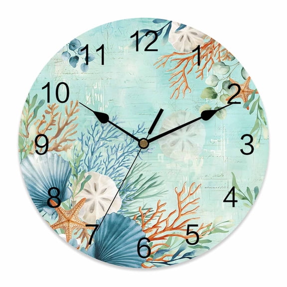 Wall Clock Coral Seagrass Clocks PVC Silent Non-Ticking Battery Operated Green Eucalyptus Leaves Starfish Shell Round Clock for Home Living Room Kitchen Bedroom Office School Wall Decor 10 Inch
