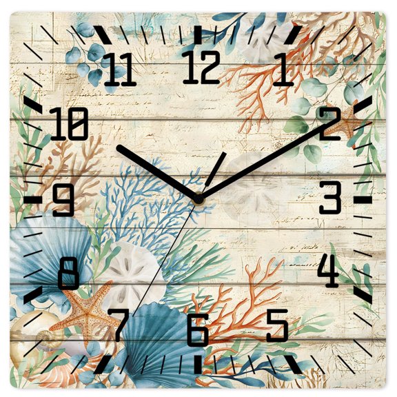 Wall Clock Coral Seagrass Operated Square Clocks Wooden Silent Non-Ticking Wallclock 12 Inch Eucalyptus Starfish Shell Linen Wood Wood Wall Clock for Living Room Bedroom Office Shool Home Decor