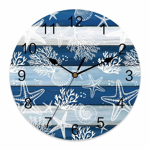 Wall Clock Coral Starfish Clocks PVC Silent Non-Ticking Battery Operated Ocean Shell Marine Life Navy Blue Wood Round Clock for Home Living Room Kitchen Bedroom Office School Wall Decor 10 Inch