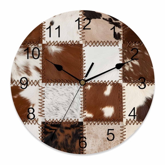 Wall Clock Cow Animal Fur Skin Clocks PVC Silent Non-Ticking Battery Operated Decorative Western Cowboy Round Clock for Home Living Room Kitchen Bedroom Office School Wall Decor 14 Inch